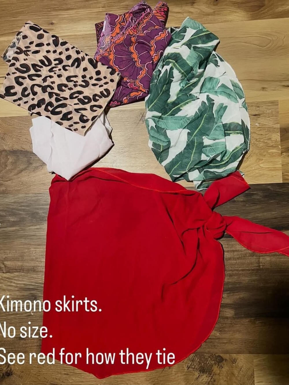 Assorted Kimono Wrap Skirts - Red, Green Leaf, Leopard, Floral, Blush